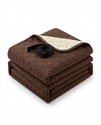 Folded chocolate brown quilted recliner cover with black strap on white