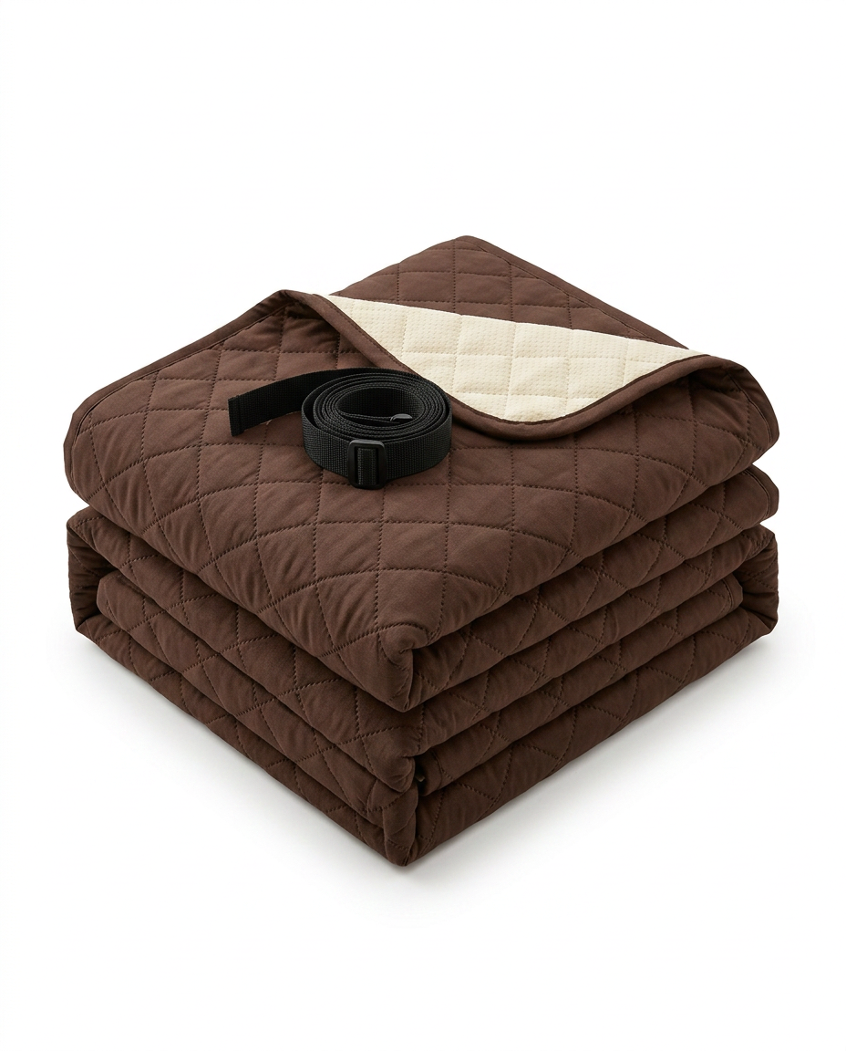 Folded chocolate brown quilted recliner cover with black strap on white