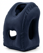 Dark blue inflatable travel neck pillow on white background, side angle