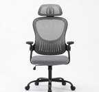 Grey mesh ergonomic office chair with headrest, front three-quarter view on white