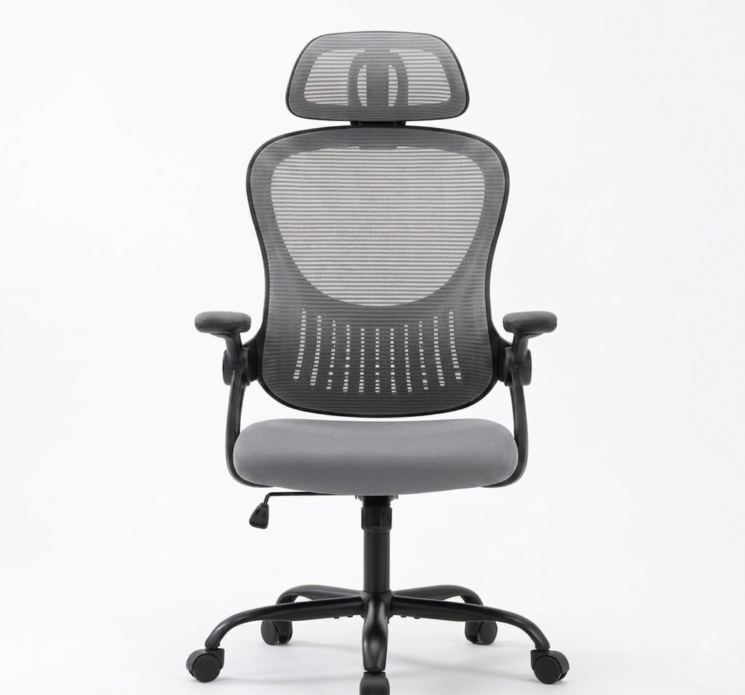 Grey mesh ergonomic office chair with headrest, front three-quarter view on white