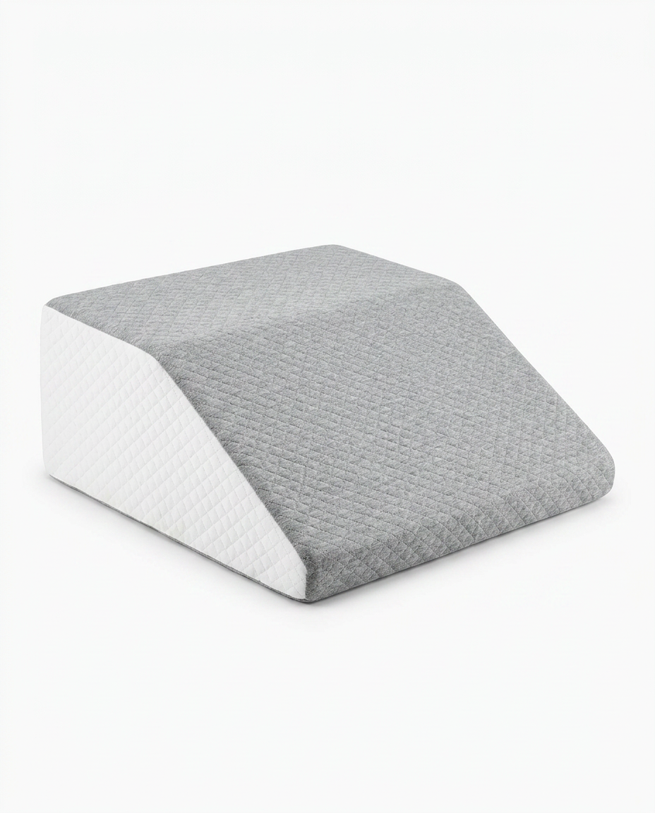 Leg elevation wedge with grey quilted top and white sides, angled view