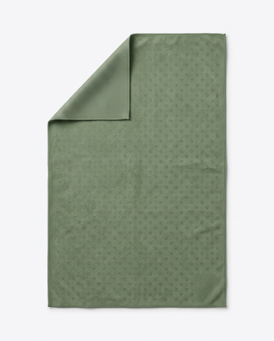 Sage green yoga towel flat-laid with top corner folded back