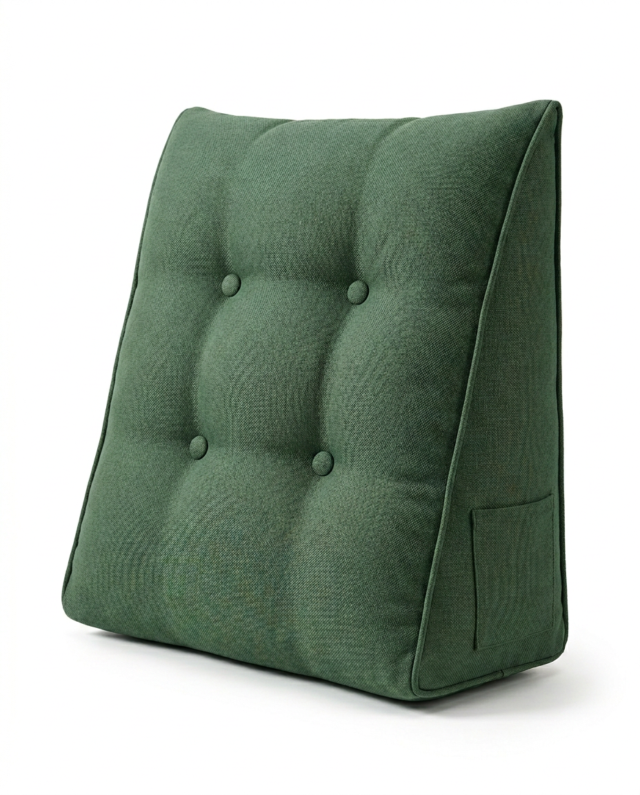 Forest green tufted reading backrest wedge cushion with side pocket on white
