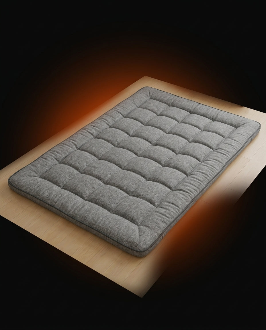 Grey quilted floor mattress on a wooden platform with orange glow