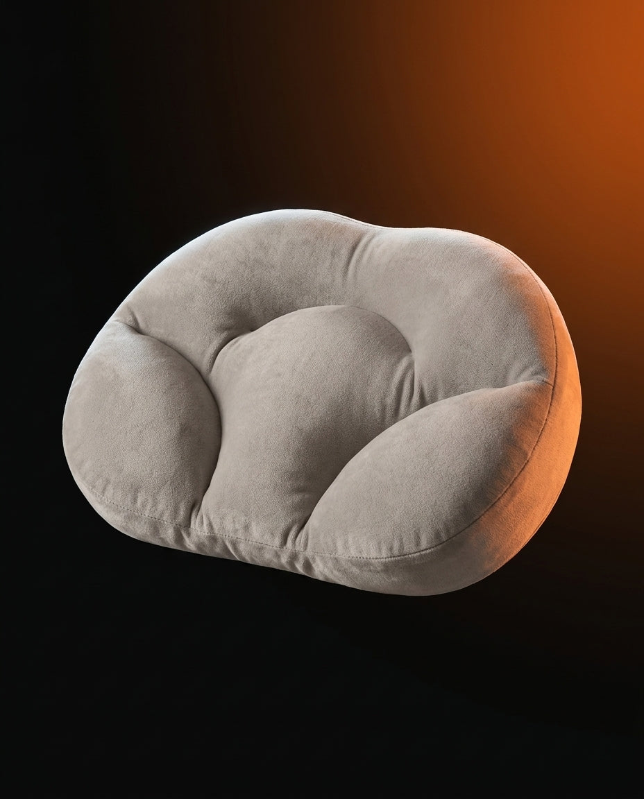 Light grey ergonomic egg-shaped neck pillow, angled view on dark gradient backdrop