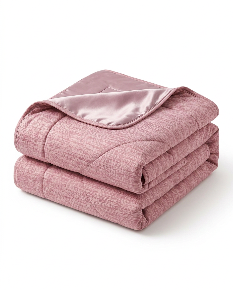 Folded pink cooling blanket with satin trim, studio shot on white