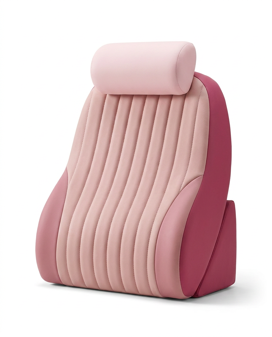 Two-tone pink bed backrest with tufted front and rose side bolsters