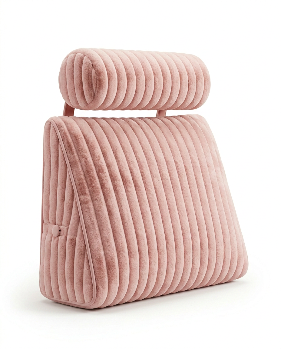 Pink channel-quilted reading wedge headboard pillow with bolster on white