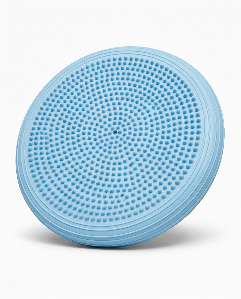 Sky blue balance stability cushion with massage nubs on white background