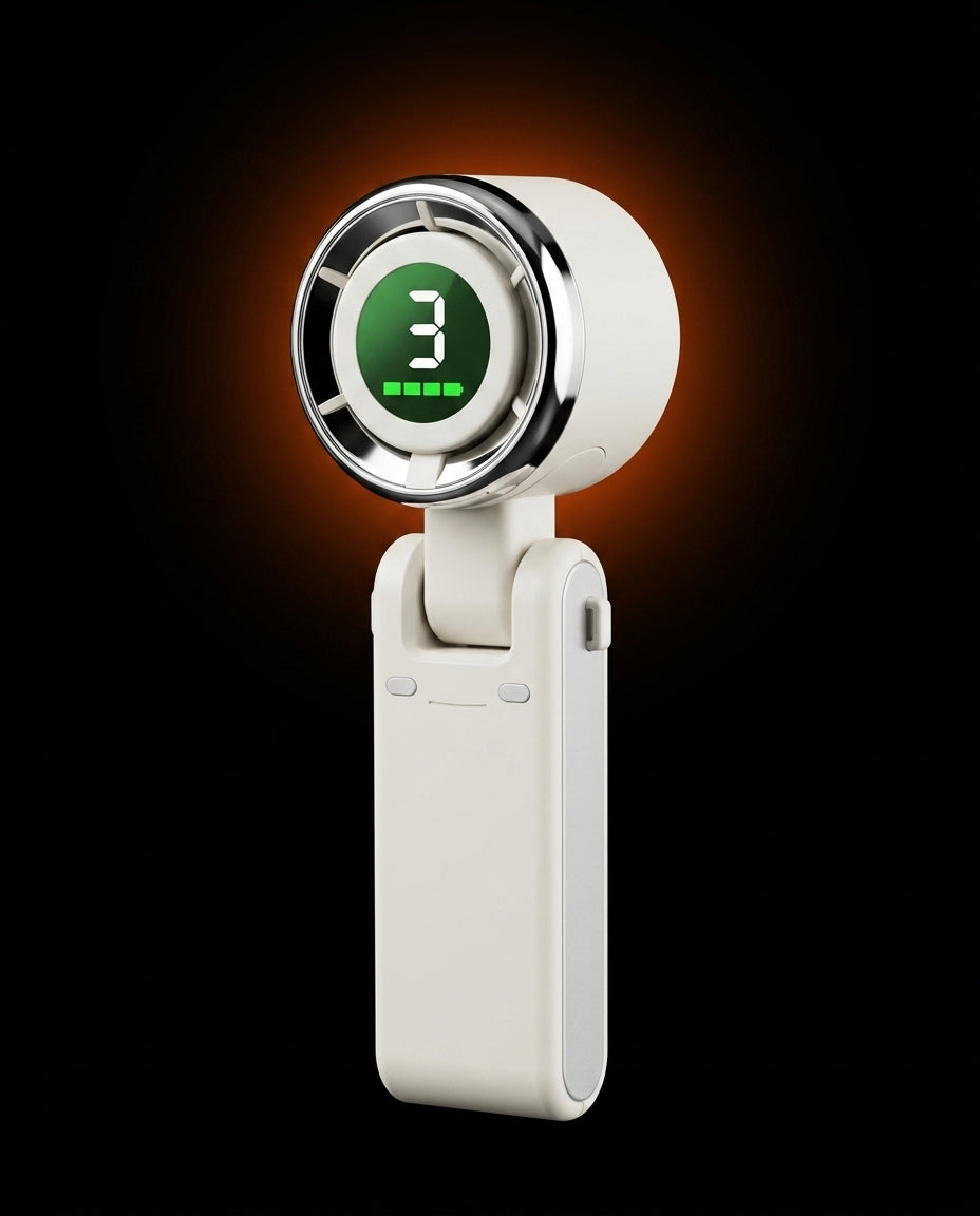 White portable handheld fan with lit digital display on dark orange-glow backdrop