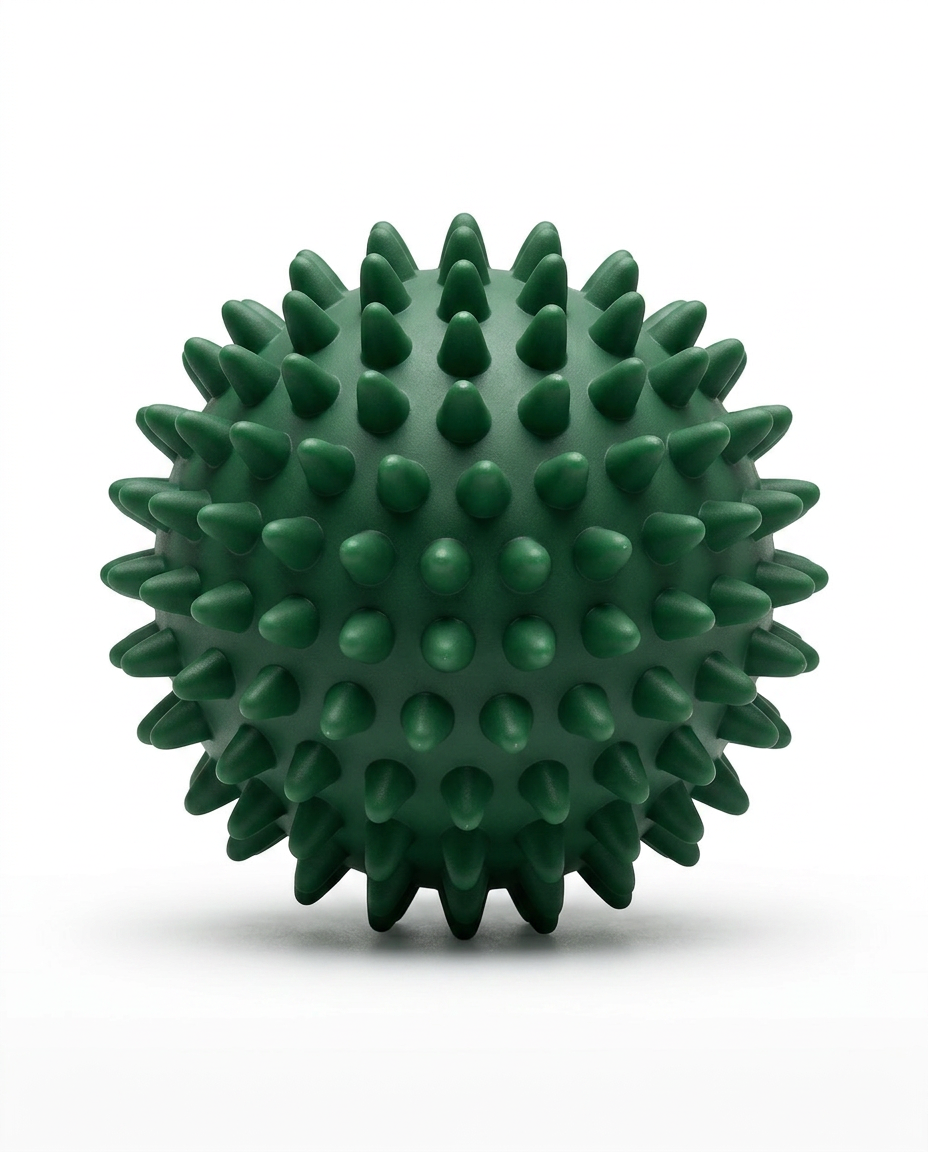 Green spiky recovery massage ball, studio packshot on white