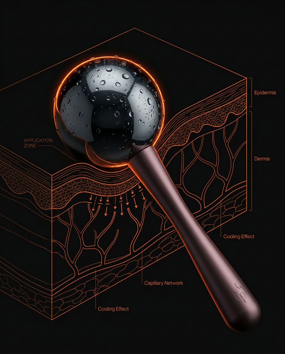 Cryo diagram showing the cold roller's effect on skin layers and capillaries