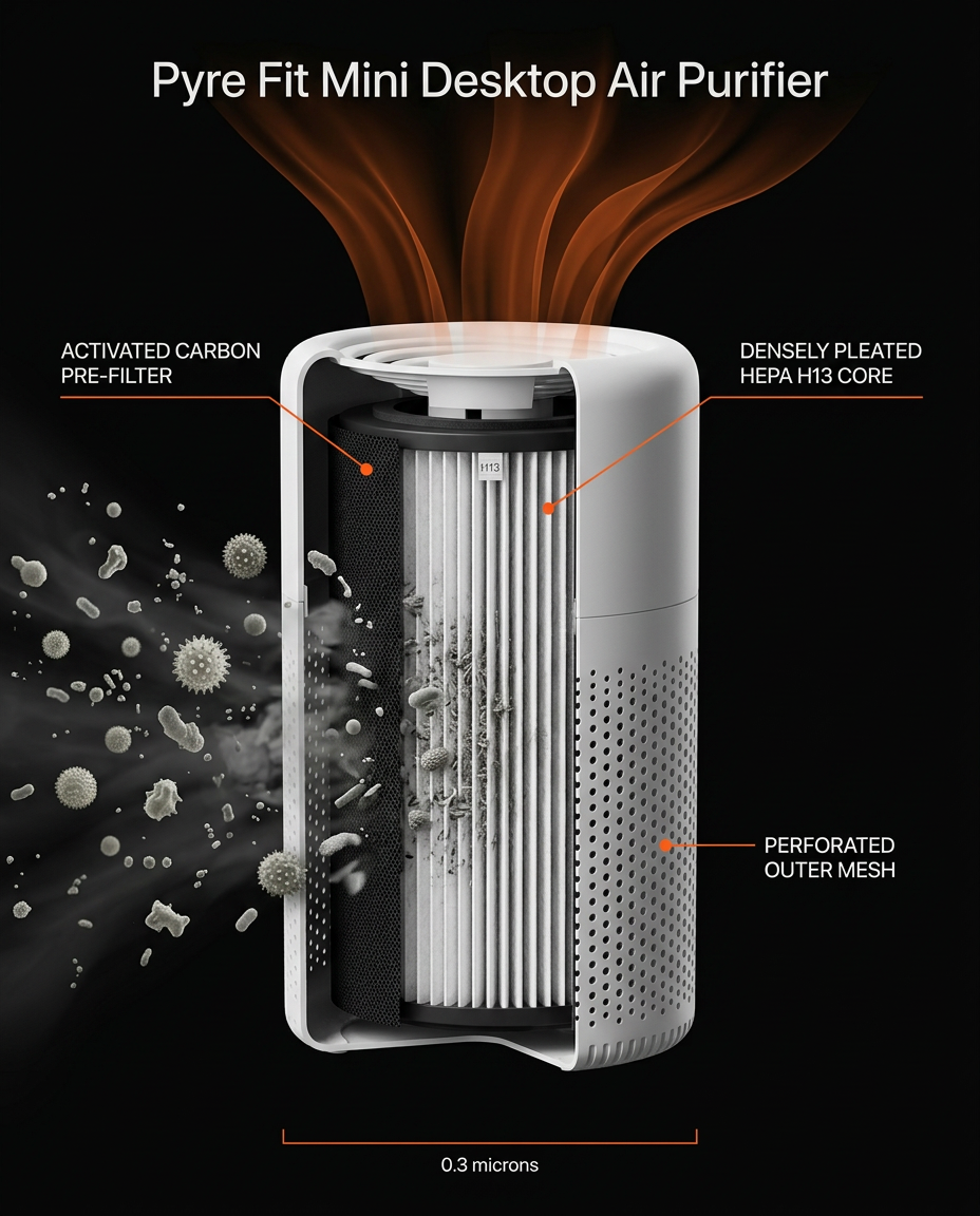 Cutaway of the purifier's carbon pre-filter and pleated HEPA core