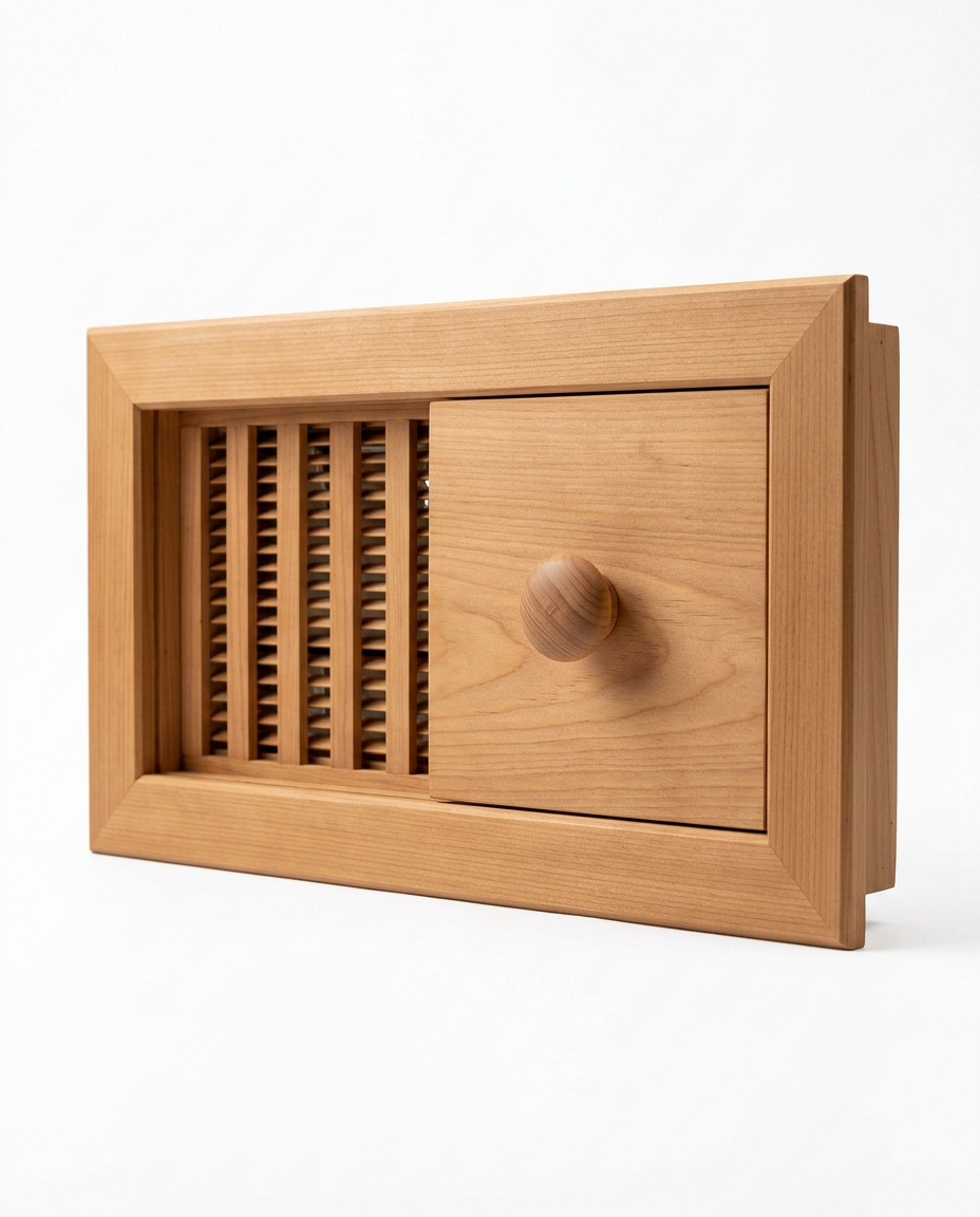 Three-quarter angle of the wooden sauna air vent on a white background