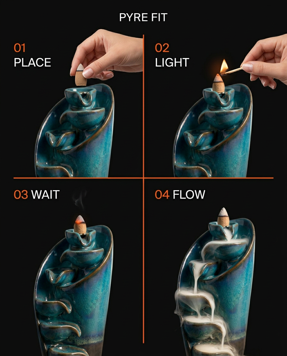 Four-step diagram: place cone, light, wait, then watch the smoke flow down