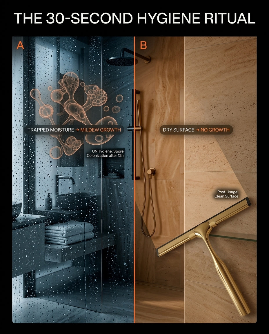 Before-and-after diagram of mildew on wet glass versus a dry squeegeed surface