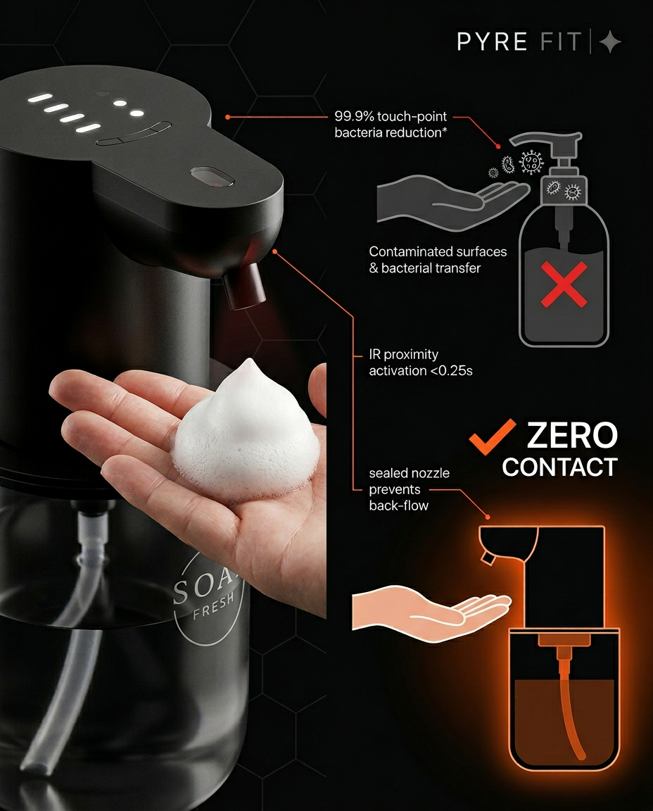 Hygiene infographic: 99.9% bacteria reduction with zero-contact dispensing
