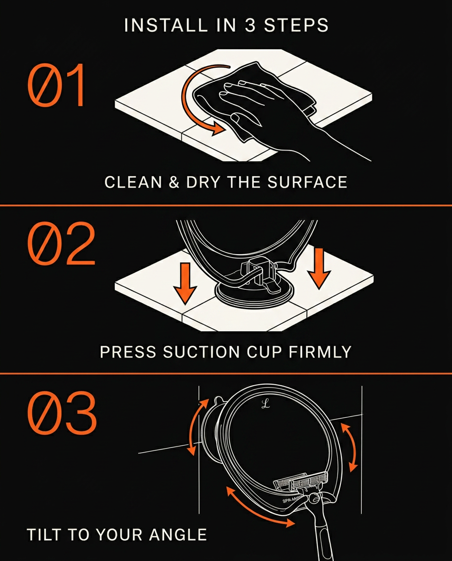 Three-step install diagram for mounting the shower mirror: clean, press, tilt
