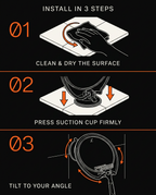 Three-step install diagram for mounting the shower mirror: clean, press, tilt