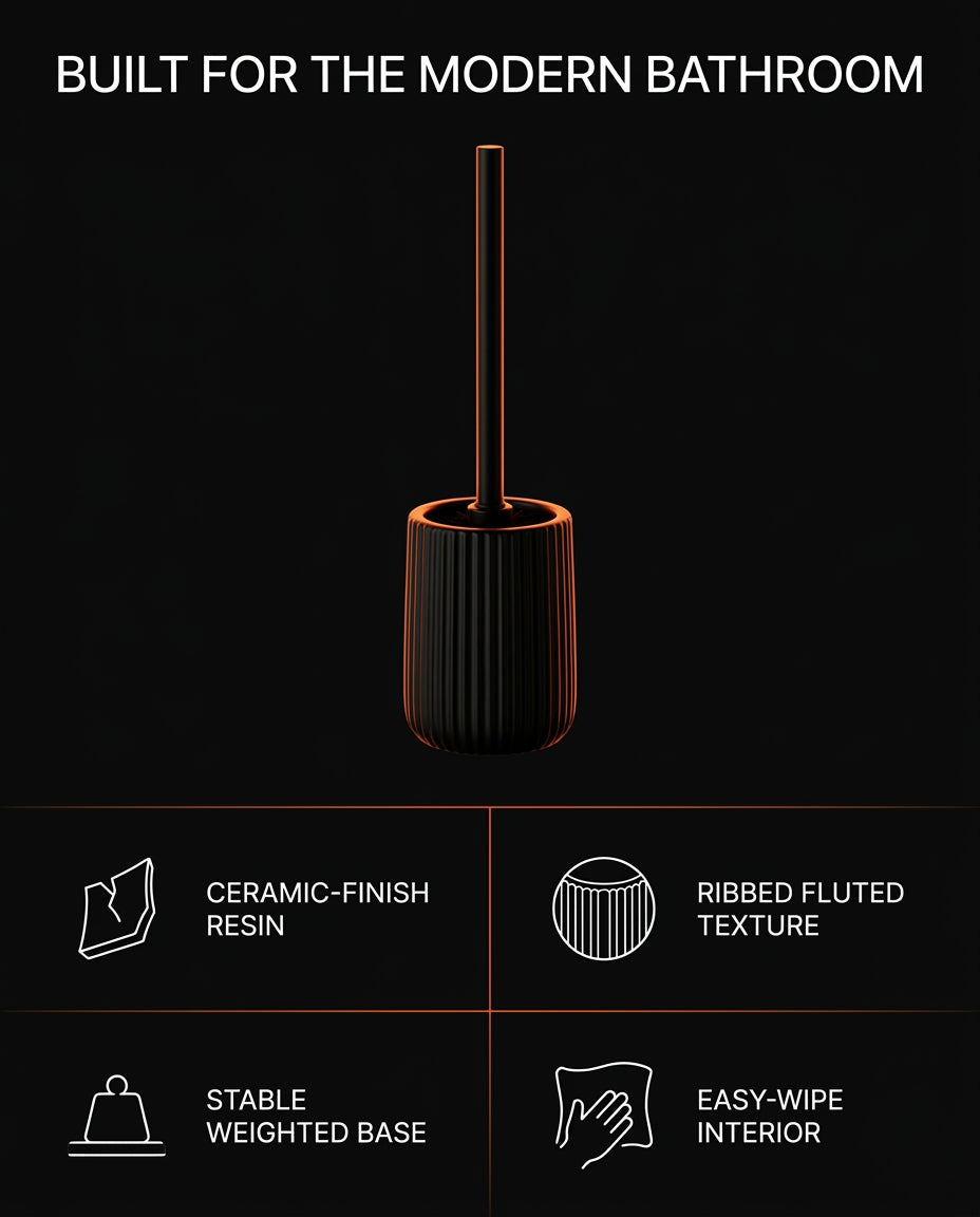 Feature infographic of the ceramic-finish ribbed toilet brush holder