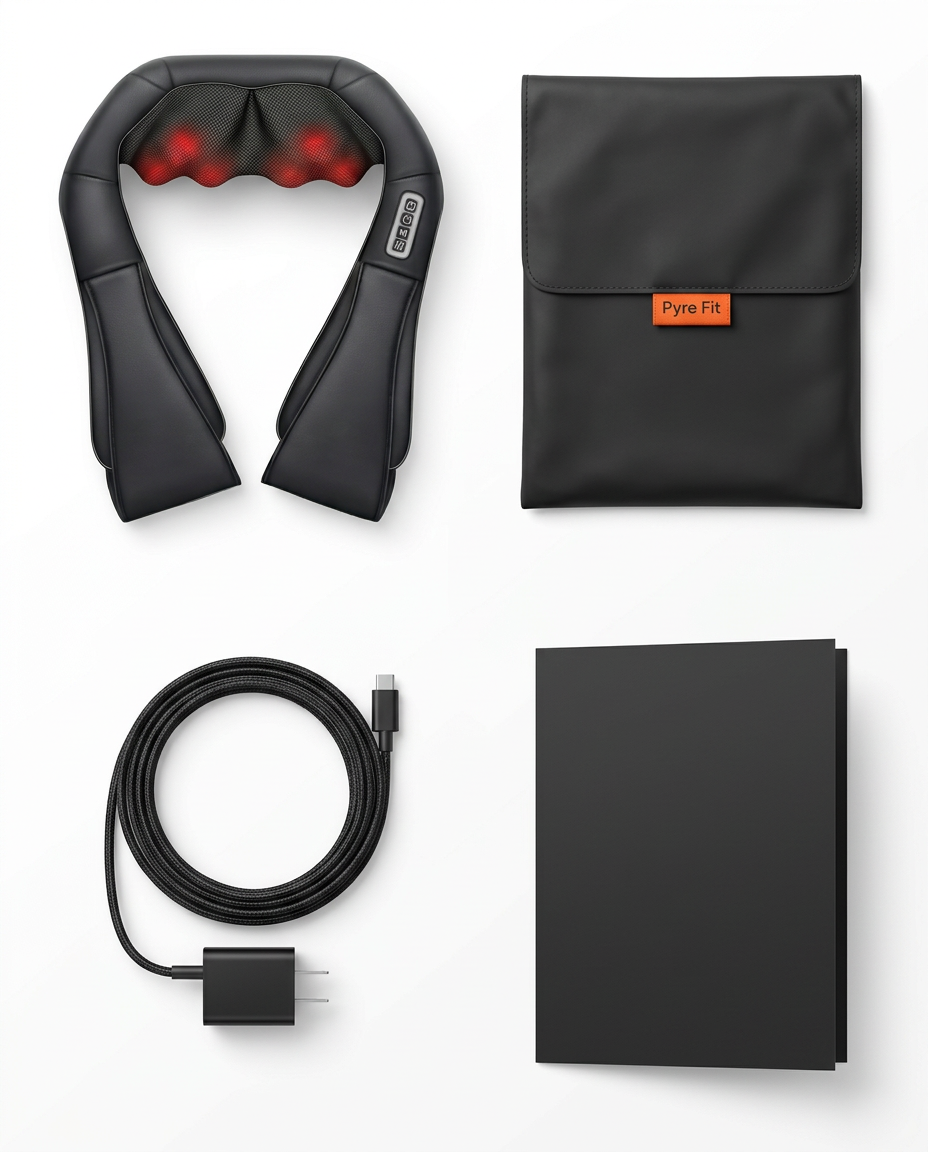 In-the-box flat lay with the neck massager, pouch, cable and manual