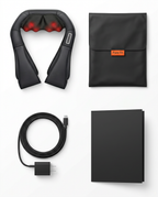 In-the-box flat lay with the neck massager, pouch, cable and manual