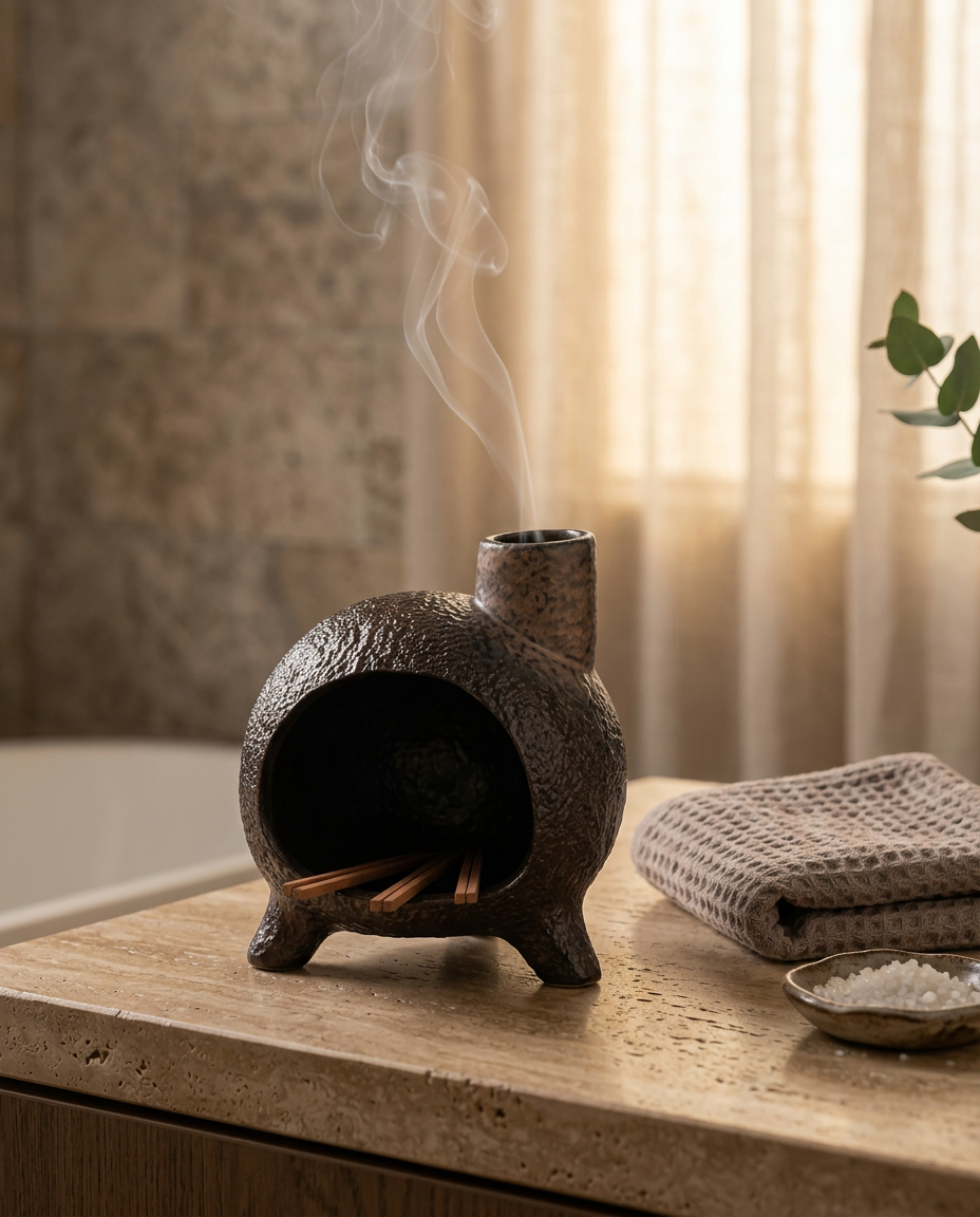 Ceramic ritual burner smoking on a stone spa shelf beside folded towels
