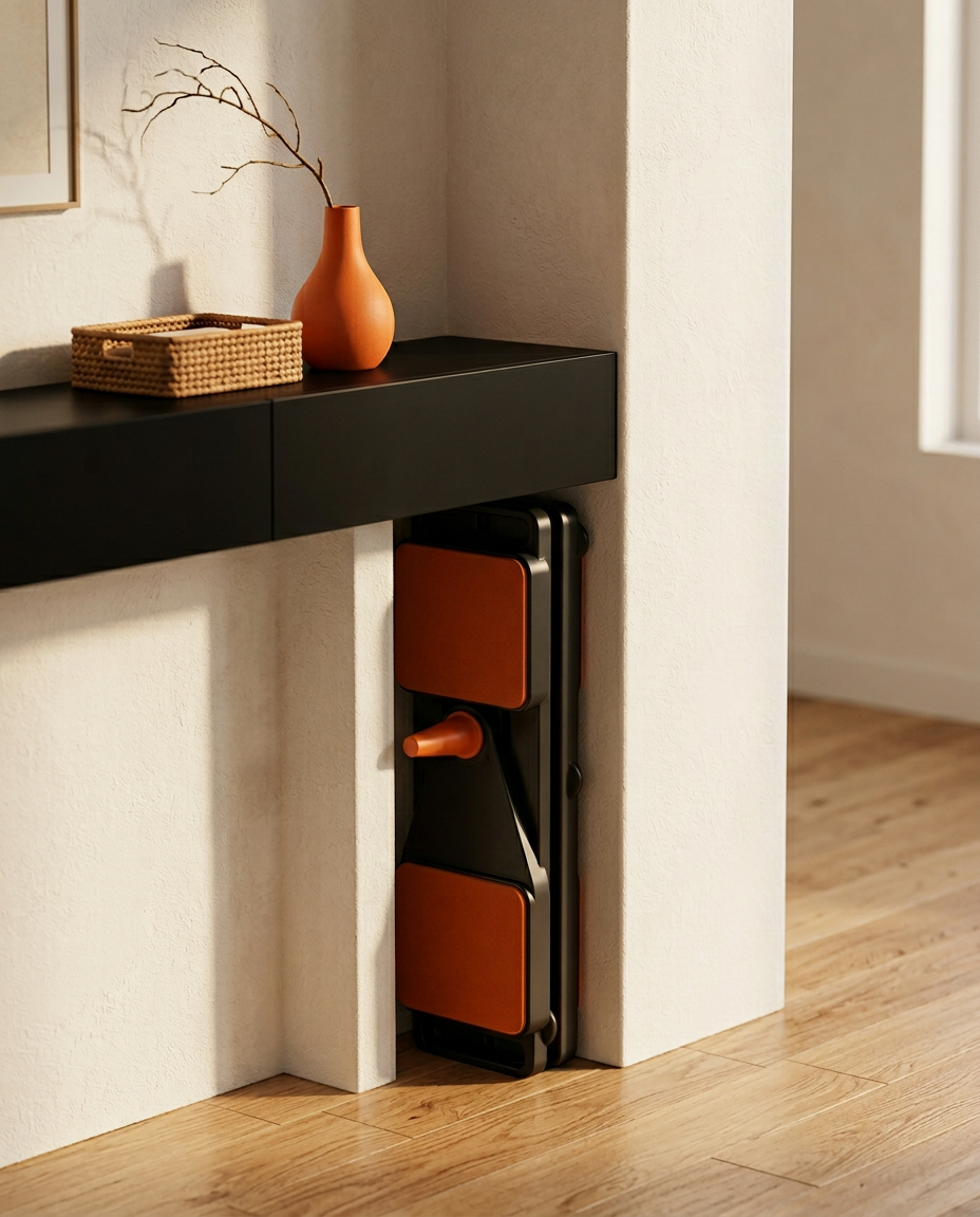 Folded pilates board stored upright in a gap beside a console table