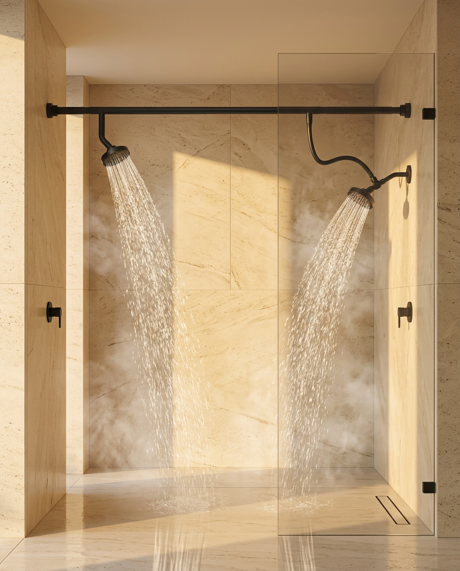 Two black shower heads spraying inside a sunlit marble walk-in shower