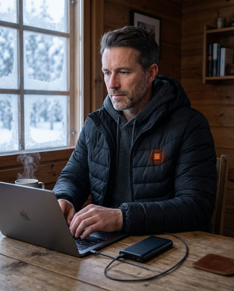 Man at a laptop in a cabin wearing the heated jacket on a power bank