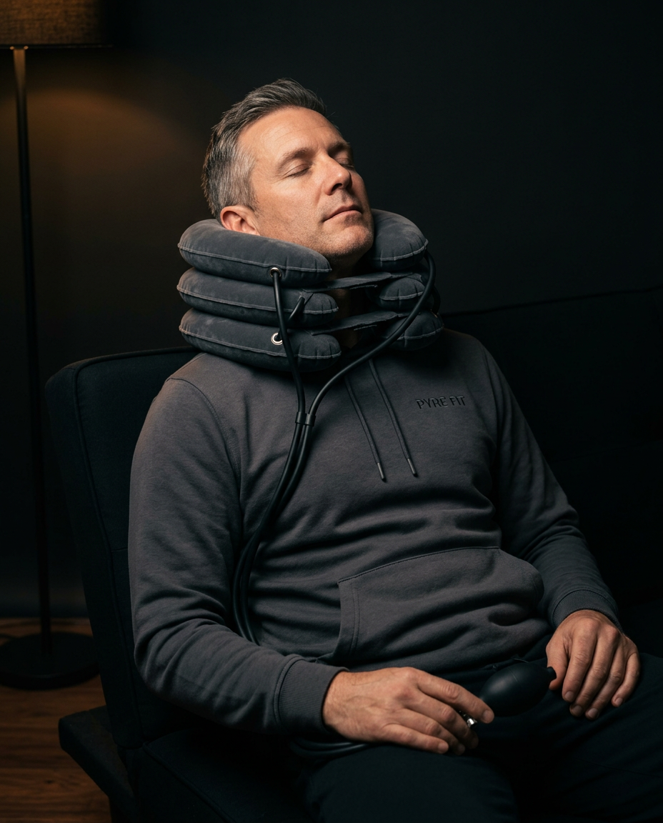 Man relaxing on a couch wearing the inflated grey neck traction collar
