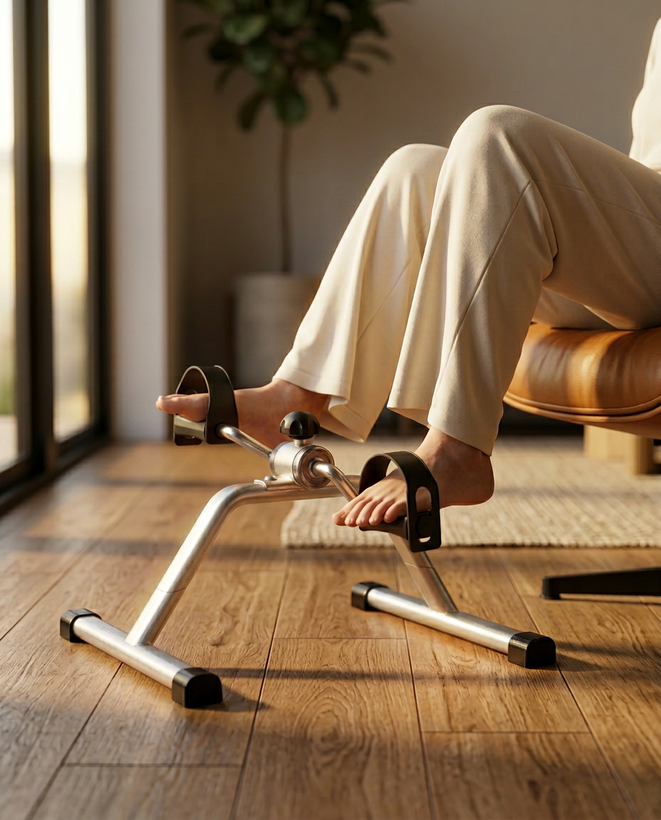 Person seated in a chair pedaling the mini exercise bike on a wood floor