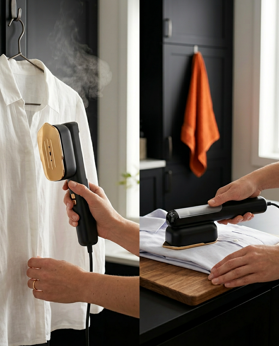Split shot of the steamer used vertically on a shirt and flat as an iron
