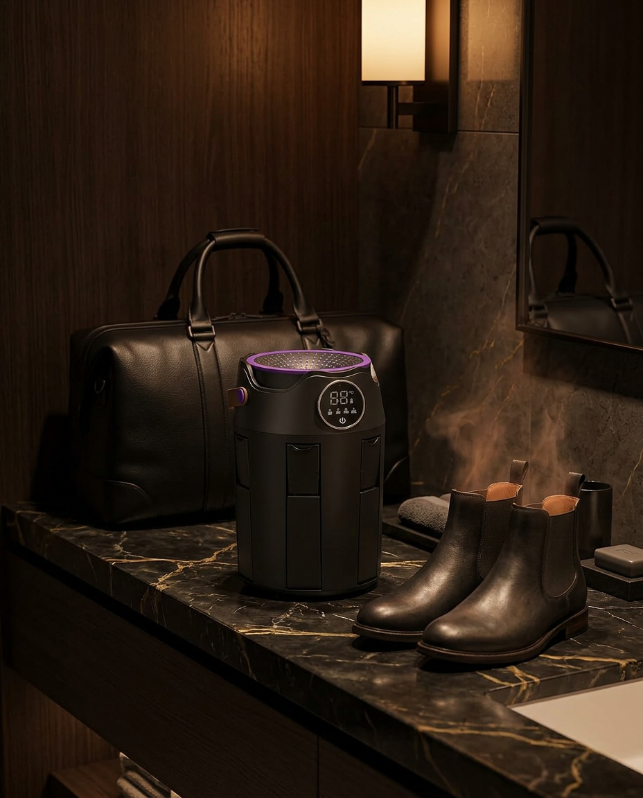 Shoe dryer drying leather boots on a hotel vanity beside a duffel bag