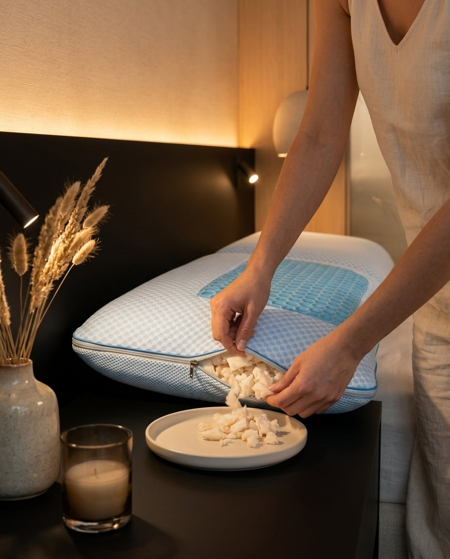 Woman unzipping the pillow to remove foam and adjust its loft at night