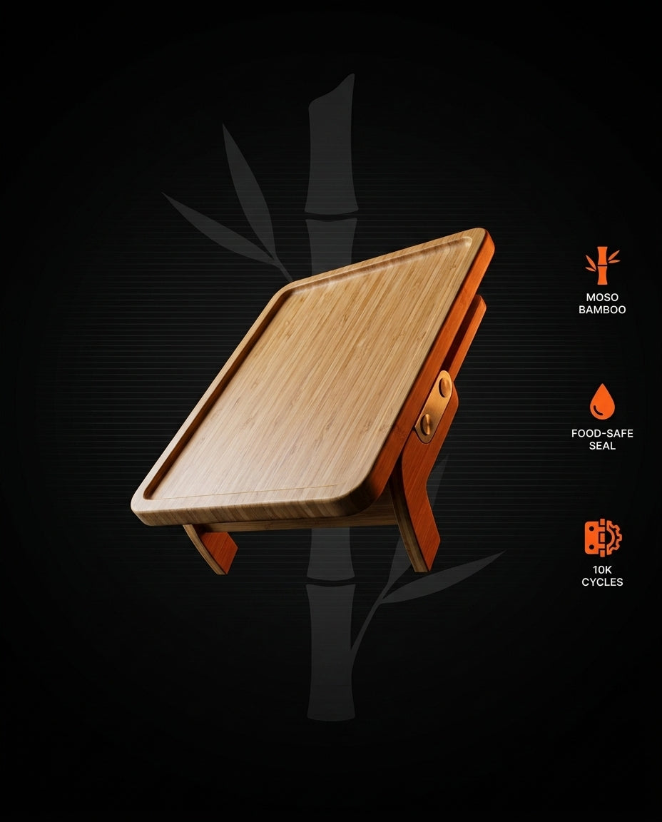 Material feature graphic of the moso bamboo arm tray with food-safe seal