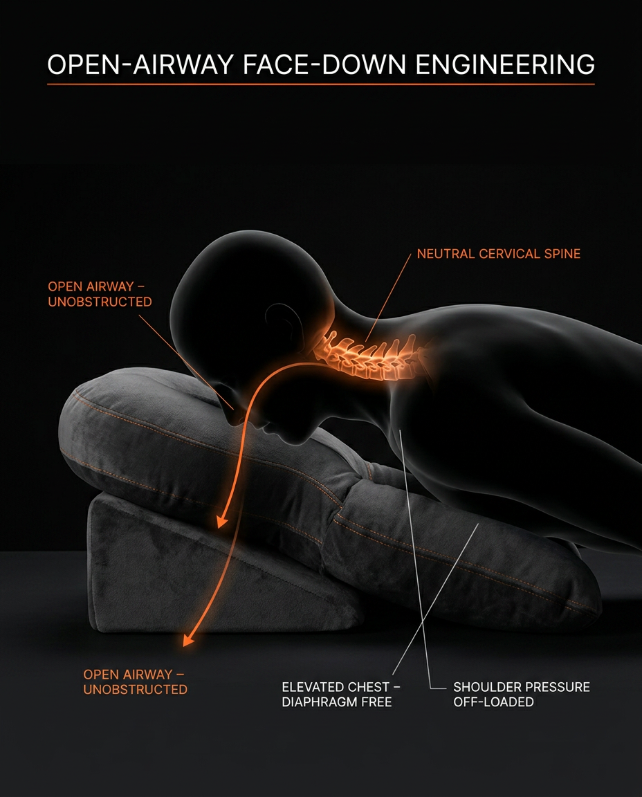 Anatomy diagram of an open airway and neutral spine while resting face-down