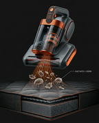 Render of the vacuum lifting dust mites and debris from a mattress