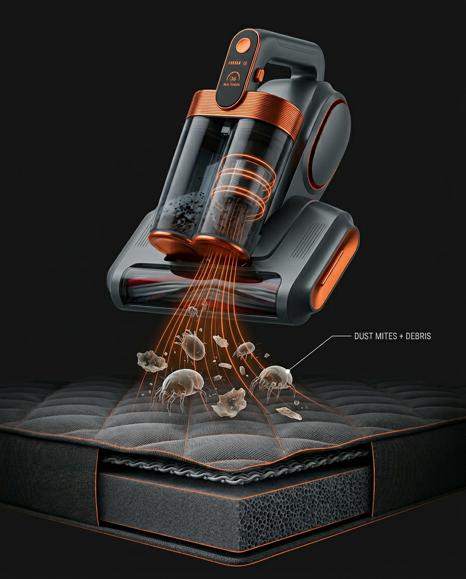 Render of the vacuum lifting dust mites and debris from a mattress