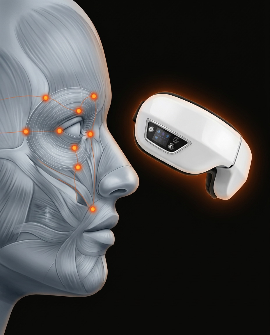 Anatomy diagram of facial acupressure points around the eyes with the massager