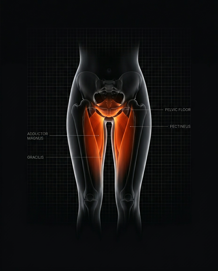 Anatomy diagram highlighting adductor and pelvic floor muscles worked by the trainer