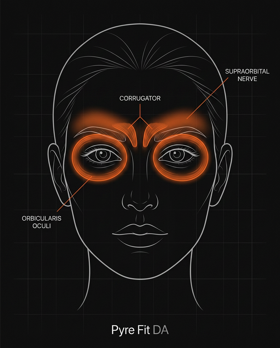 Anatomy diagram of facial muscles and nerves targeted by the eye massager