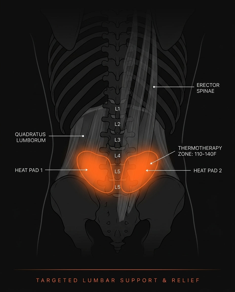 Lumbar anatomy diagram showing the belt's two heat pads over the lower back