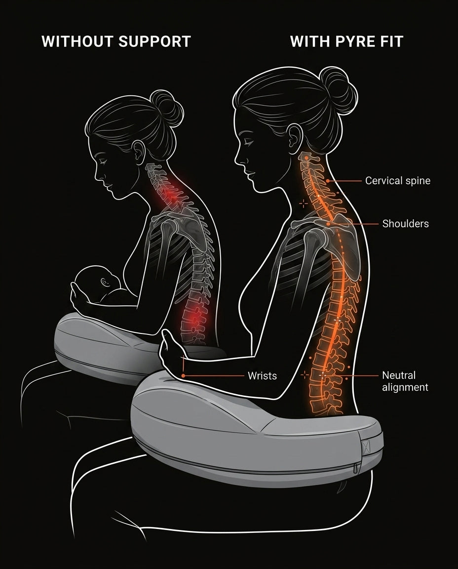 Posture diagram comparing slouched feeding versus aligned spine with the pillow