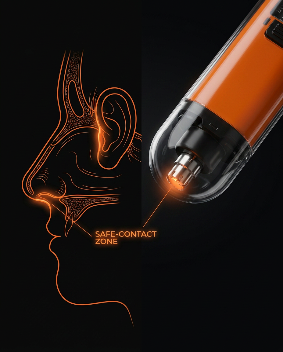 Anatomy diagram marking the safe-contact zone for the nose hair trimmer