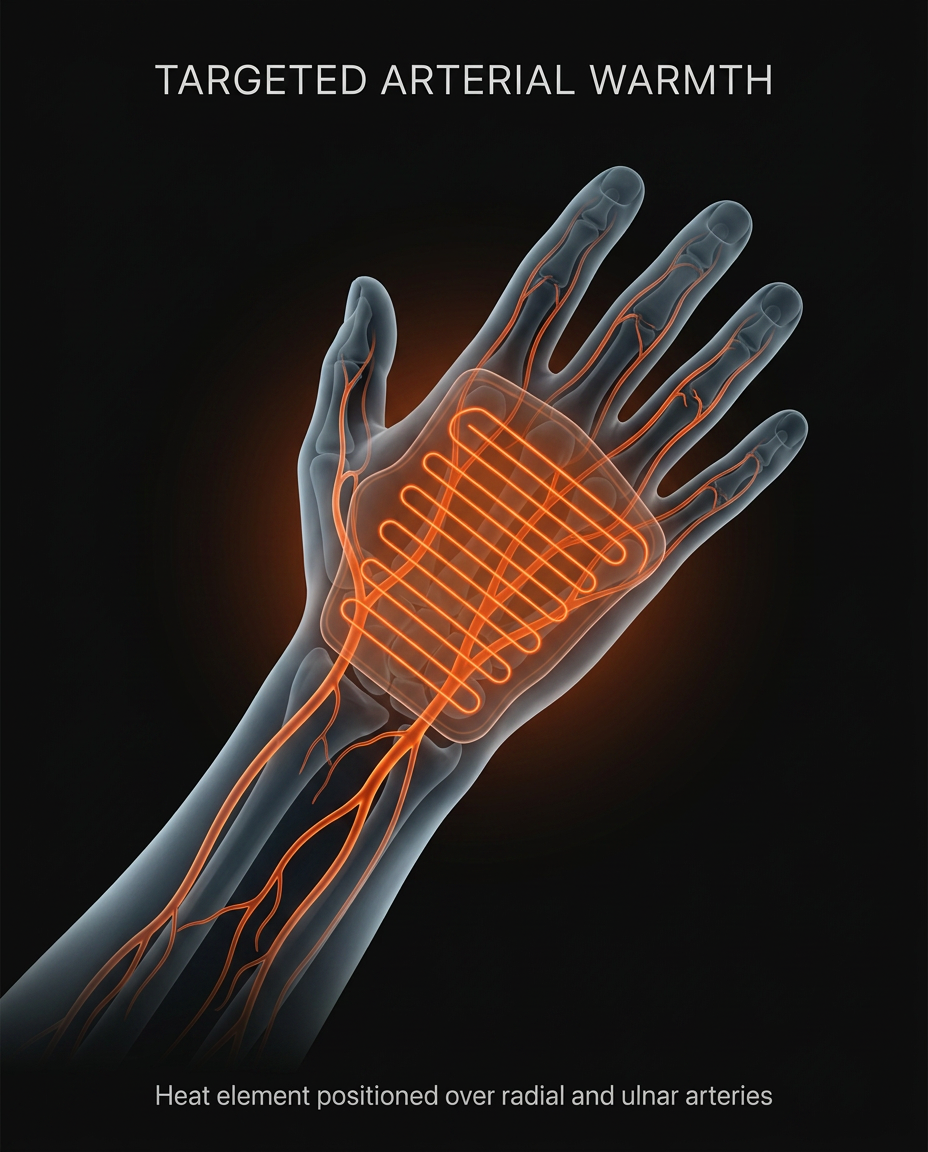 Diagram showing heated glove warmth over the radial and ulnar wrist arteries