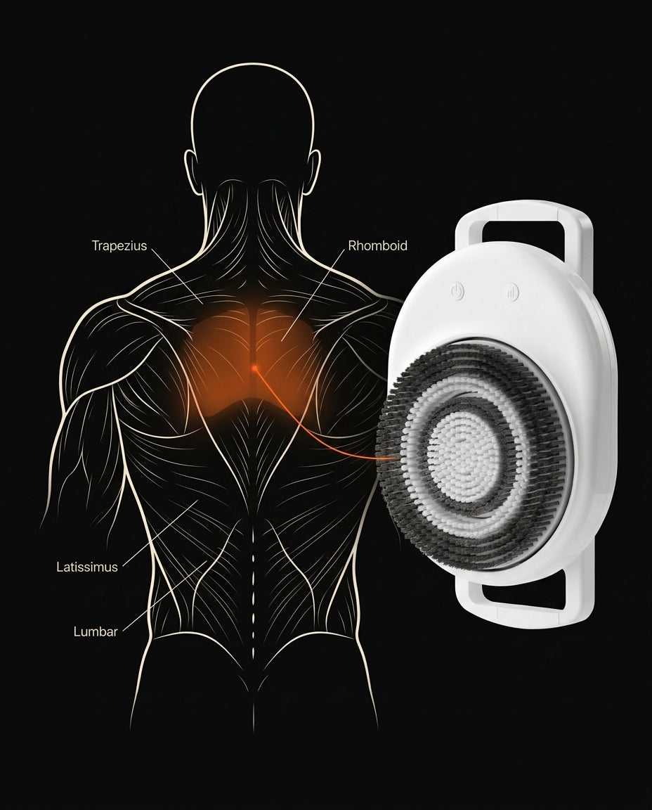 Back muscle anatomy diagram beside the wall-mounted electric back scrubber