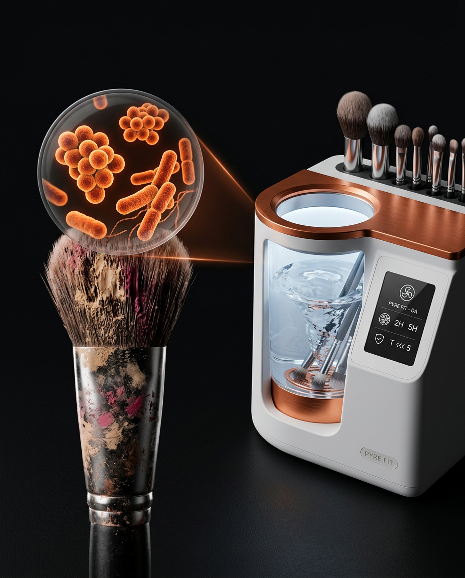 Magnified bacteria on a dirty makeup brush beside the cleaning machine