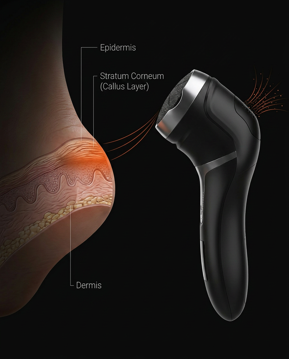 Diagram of foot skin layers showing the foot file removing the callus layer